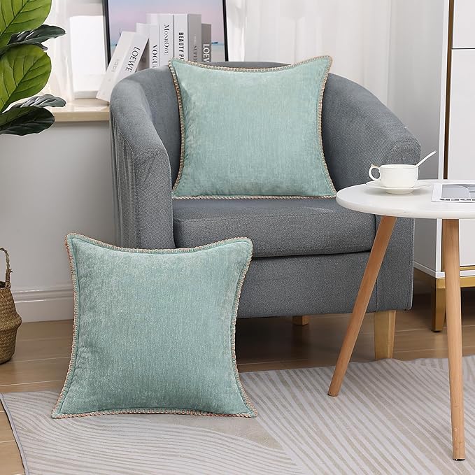 decorUhome Summer Chenille Soft Cozy Throw Pillow Covers 26x26 Set of 2, Modern Farmhouse Boho Velvet Decorative Euro Sham Pillow Cases with Stitched Edge for Couch Sofa Bed Home Decor, Aqua Haze