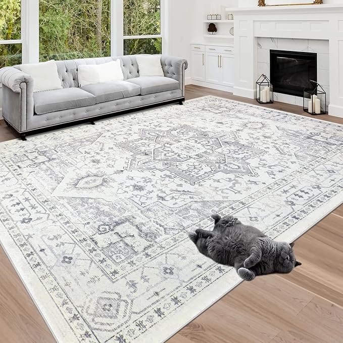Srugn Area Rug 8x10 Washable Area Rugs for Living Room,Bedroom, Dining Room- Ultra Soft Non-Shedding Faux Wool Retro Rugs,Large Vintage Carpets with Non Slip Rubber Backing for Farmhouse Home Office