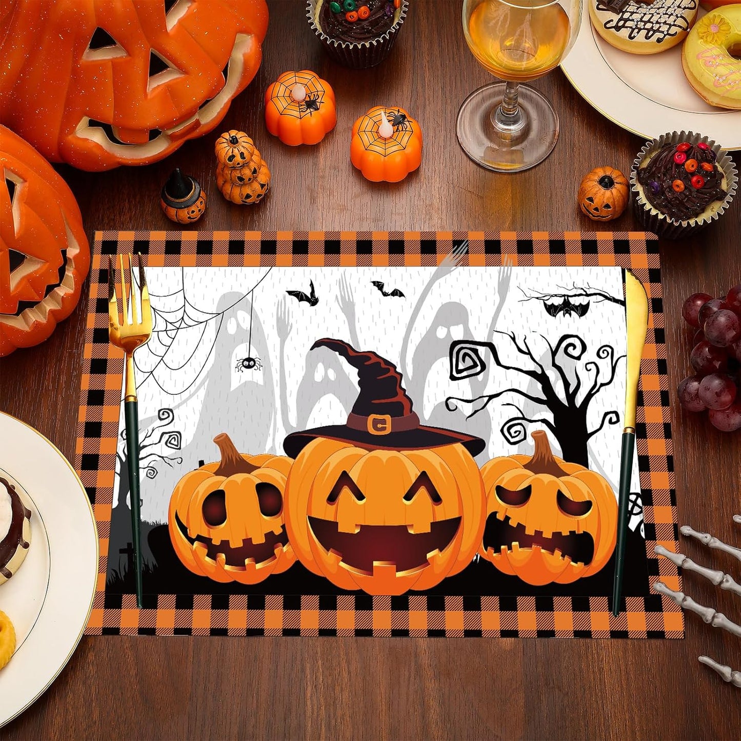 Honoson 100 Pieces Halloween Placemats Happy Halloween Fall Pumpkin Placemats Paper Halloween Place Mats Spooky Ghost Buffalo Plaid Kitchen Mat Double Sided Dinner Table Mats, 14 x 10 Inch