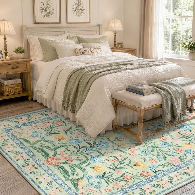 Wonnitar Machine Washable 5x7 Area Rug, Boho Floral Rugs for Living Room Non-Slip, Soft Pink and Green Flower Ultra-Thin Non Shedding Carpet for Bedroom Dining Room Nursery