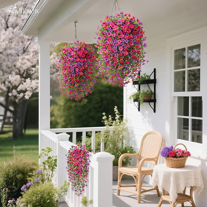 Artificial Hanging Flowers for Outdoors Spring Summer Decoration, 4PCS UV Resistant Silk Fake Hanging Plants for Patio Porch Front Yard Window Garden Indoor Decor(Purple&Hot Pink,4PCS)