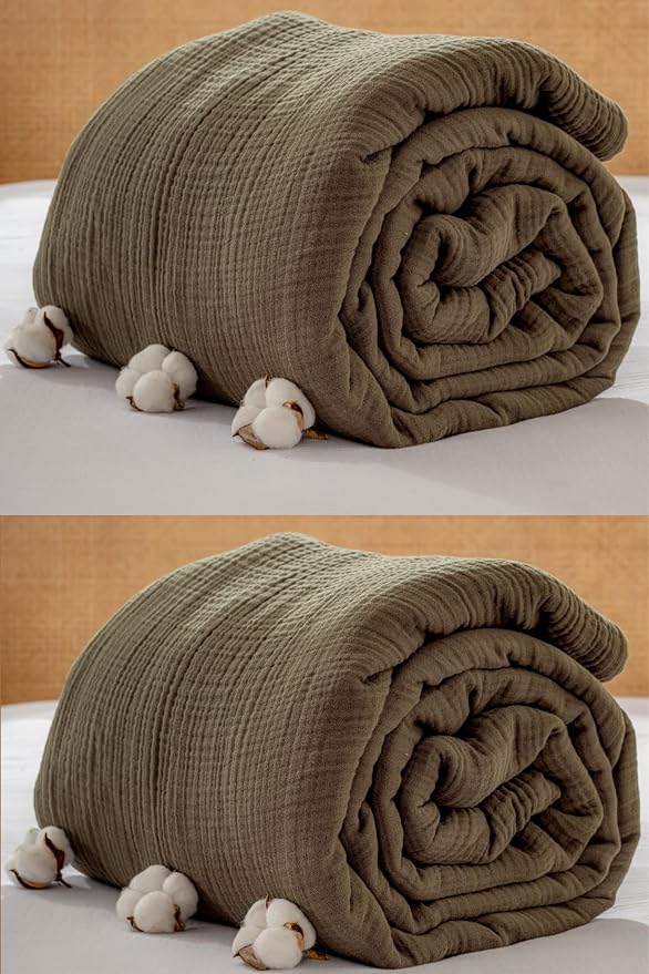 Muslin Blanket - Pure 100% Turkish Cotton Airy Soft Light Versatile Gauze Throw Blanket for Bed, Couch, Sofa (Khaki Green, Queen XL Size (95" x 95" inch))