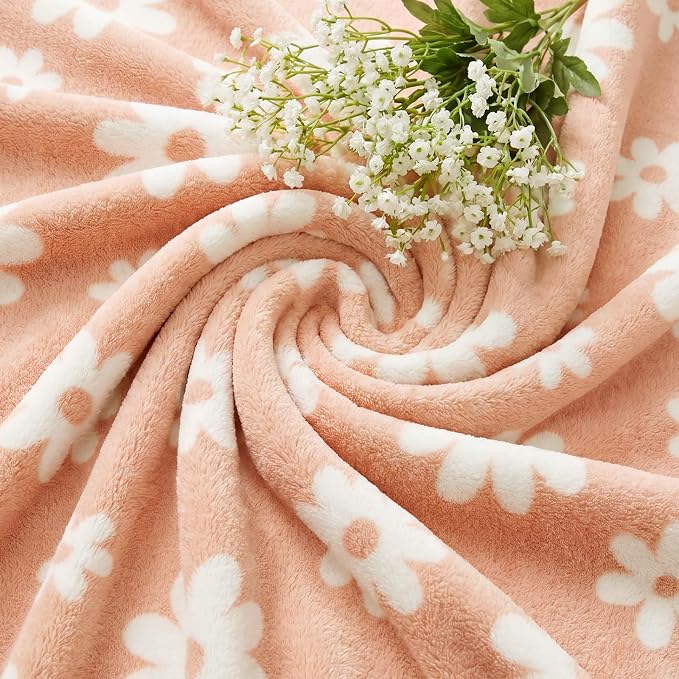 WRENSONGE Soft Throw Blanket for Couch-Cozy Reversible Knitted Blankets | Lightweight Warm Fluffy Decor for Women, Mom, Her & Girls, Sofa, Chair, Bed, 50x70in,Daisy Floral Peach Orange
