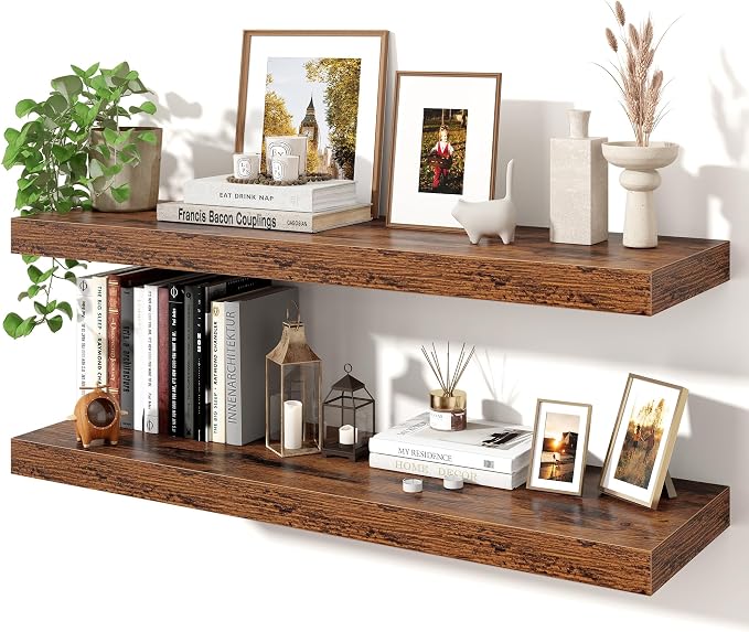 Axeman 36Inch Floating Shelves for Wall, 2 Pack Shelves for Bedroom, Bathroom, Kitchen, Hanging Wall Mounted Rustic Wood Shelf with Invisible Brackets for Books Decor, Rustic Brown