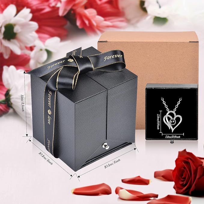 Pasuvsigt Valentines Day Rose Gifts for Her, Preserved Real Rose with I Love You Heart 100-Language Necklace, LED Lights & Music Box, Anniversary Birthday Valentines Gifts for Women Girlfriend Mom