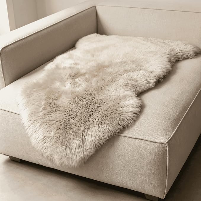 Fluffy Patchwork Sheepskin Rug with Little Patches, Fuzzy Shaggy Fur Genuine Wool Area Carpet for Bedroom Living Room Floor, Pray Pup Mat, Chair Sofa Seat Cover, Cream Brown, 2' x 3'