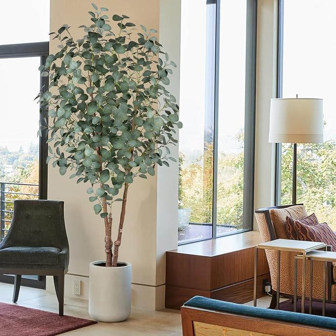 6FT Faux Eucalyptus Tree with White Pot, Artificial Eucalyptus Tree Indoor Plants with Silk Leaves Fake Eucalyptus Plant Fake Tree Faux Plants Indoor for Living Room Bedroom Office Home Decor