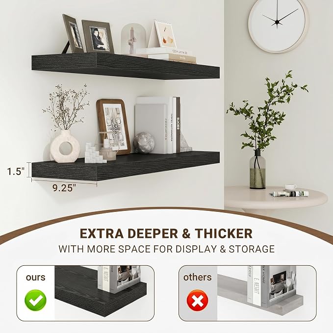 Acovy 32 Inch Floating Shelves, 3D Textured Wood Grain, 32"x9.25"x1.5" Inch Deep Floating Shelves for Wall, Wooden Shelves for Bathroom, Bedroom, Living Room, Black, 2 Pieces