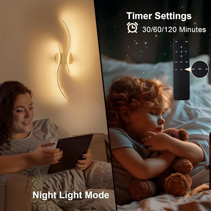 Battery Operated Wall Sconces Set of Two with Remote Control, Battery Wall Light, Stepless Colors 3000K-6000K & Dimming, Gold Led Wall Lights for Living Room, Hallway, Bedroom, 27.5 Inch (2 Pack)