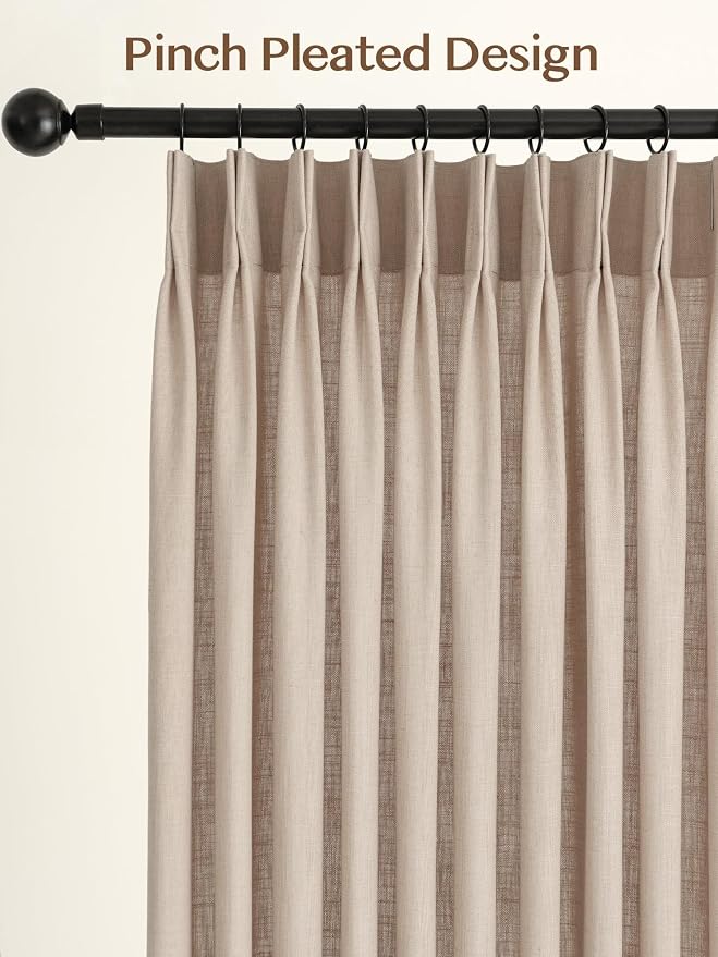 THREE GIRLS Pinch Pleated Linen Curtains 84 Inch Length 2 Panels, Light Filtering Linen Blend Drapes 40" W x 84" L, Natural Tapioca Neutral Curtains for Living Room Bedroom with Hooks