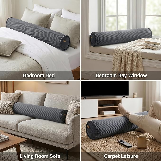 Corduroy Long Body Pillow for Adults, Cozy Cylinder Bolster Pillow for Side Sleepers, Soft Support Hugging Pillow for Bed, Sofa, Sleeping & Lounging, 47 x 7.87 Inches, Dark Grey