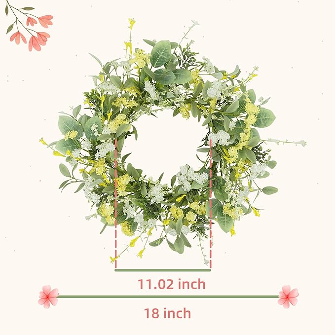 YNYLCHMX 18" Spring Summer Wreaths for Front Door, Artificial Floral Wreath with Yellow White Daisy & Green Eucalyptus Leaves, Green Foliage Wreath for Wall Window Farmhouse Party Holiday Home Decor