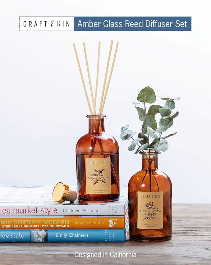 Craft & Kin Oud Wood Diffuser Reed Diffuser | All Natural Essential Oil & 8 Rattan Scent Sticks | Reed Diffusers for Home, Bathroom | Long Lasting Home Fragrance in Amber Glass, 5.75oz