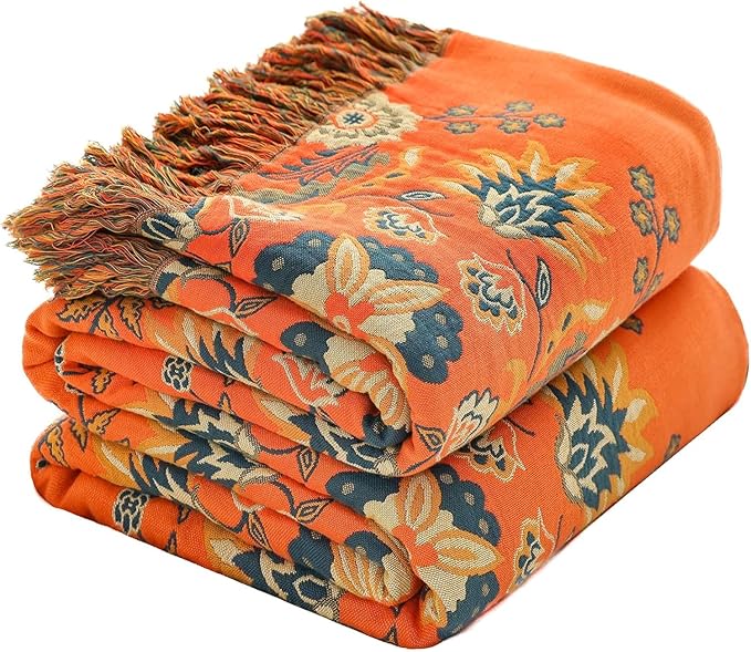 Summer Throw Blanket for Couch Bed Chair,100% Cotton 4-Layer Gauze Soft Lightweight Blanket Rustic Muslin Quilt -Orange Floral Farmhouse Decor Bed All Season Blankets,60"×80"