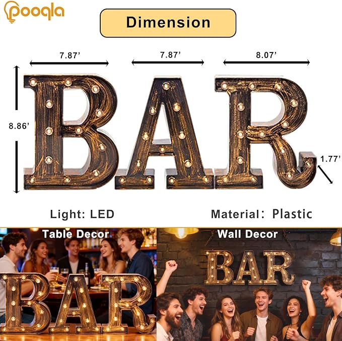 Pooqla BAR - Illuminated Marquee Bar Sign for home decor - Light up LED Marquee Word Sign - Pre-Lit Pub Light Battery Operated (23.03-in x 8.66-in) (Vintage)