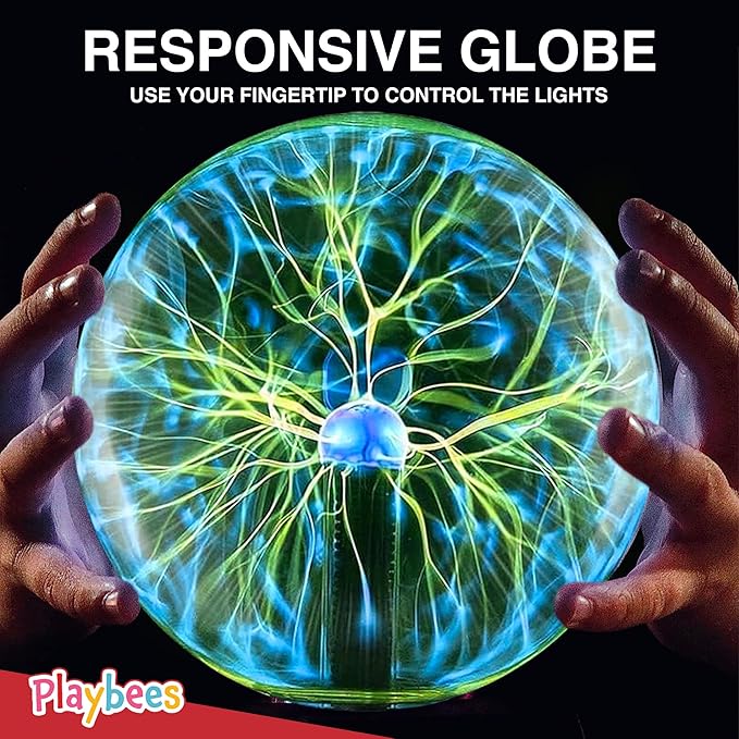 Playbees Green Plasma Ball - 7 Inch - Tesla Coil Bulb Static Electricity in a Vacuum Pressurized Glass Globe, Nebula Thunder Lightning, Plug-in - for Parties, Decorations, Prop, STEM