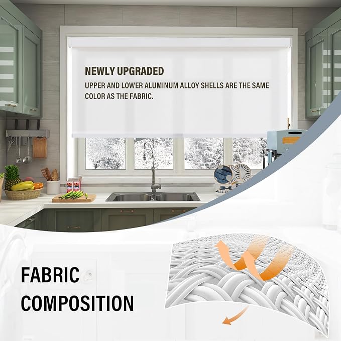 AOSKY Light Filtering Roller Shades Cordless Blinds for Windows, 1% Openness Free-Stop Shades with Valance, Thermal Insulated Fabric, UV Protection, Natural Woven Blinds（36" W x 72" H, White）