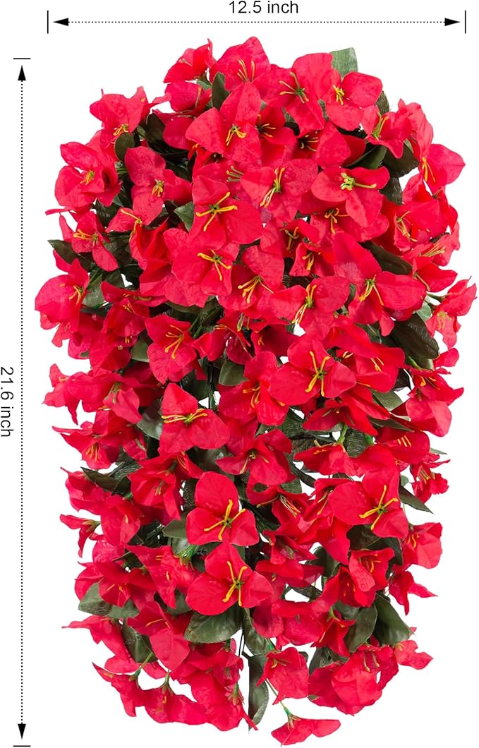 HyeFlora Bougainvillea Artificial Hanging Flowers Plants for Outdoors Decoration, 2pcs Red Fake Flowers Silk Bougainvillea Vines Realistic UV Resistant Faux Flowers for Outside Planters Porch Patio