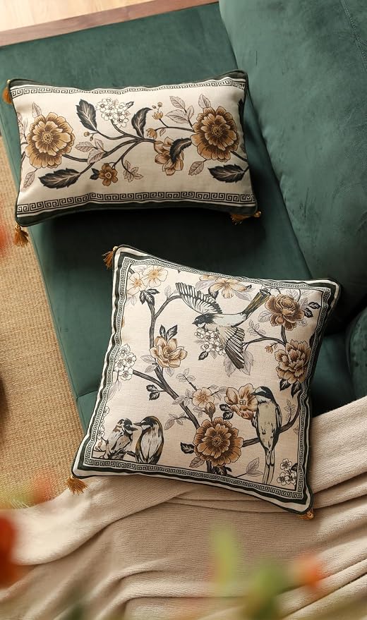 ISAENNE Vintage Linen Square Throw Pillow Cover,Set of 2,18"x18"-Murad A | Designer French Decor Pillow Cover,Concealed Zipper Design,Floral and Bird Pattern,Sofa,Bedroom,Living Room,Lounge Chairs
