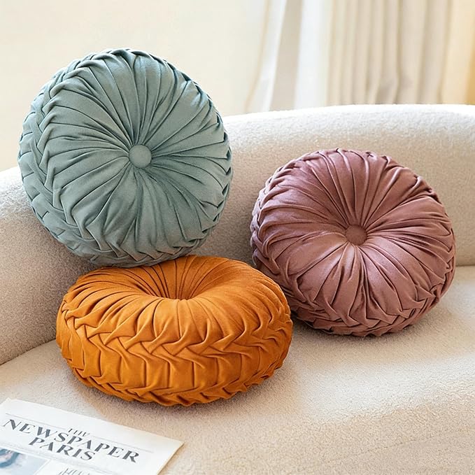 Greenjin 15" Round Pillow for Couch, Circle Velvet Pleated Throw Pillow,Decorative Round Floor Cushion,Pumpkin Chair Cushion for Bed Chair Car Sofa Home Decor Wine Red