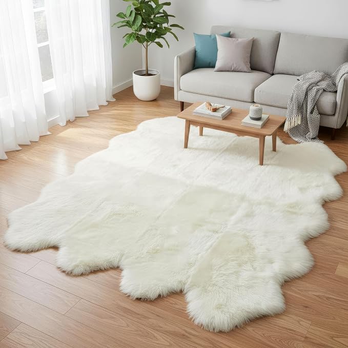 Genuine Extra Large Sheepskin Rug for Living Room/Bedroom - Super Soft Sheep Skin - Eight Pelt Natural Non-Dyed Fur with Skid Resistant Suede Backing, 6ft. x 8ft.