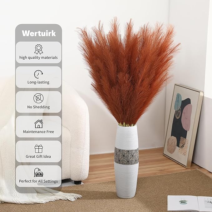 Wertuirk Burnt Orange Pampas Grass, 8 Pcs 45 Inch Tall Large Faux Pompous Grass, Long Artificial Flowers for Floor Vase, Wedding, Party, Baby Shower, Farmhouse and Fall Decor (Burnt Orange)