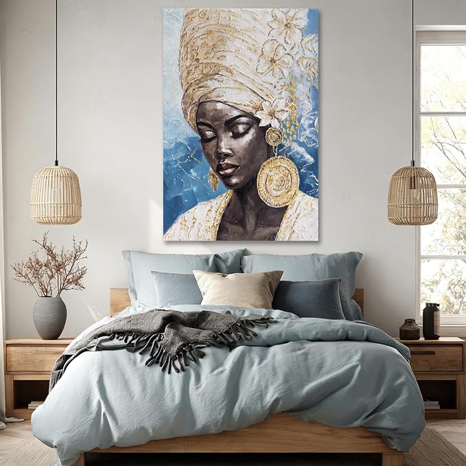 Dolidoteart Blue Gold Black Woman Wall Art, Large African American Canvas Wall Art for Living Room Bedroom Office, Modern Portrait Wall Art Print, 32x48 Inch