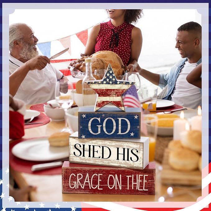 CroBlissful 4 Pcs 4th of July Decorations Patriotic Memorial Day Tabletop Decoration Red White Blue Table Centerpieces Sign for Office Tiered Tray Home Shelf 250th Anniversary(God Star)