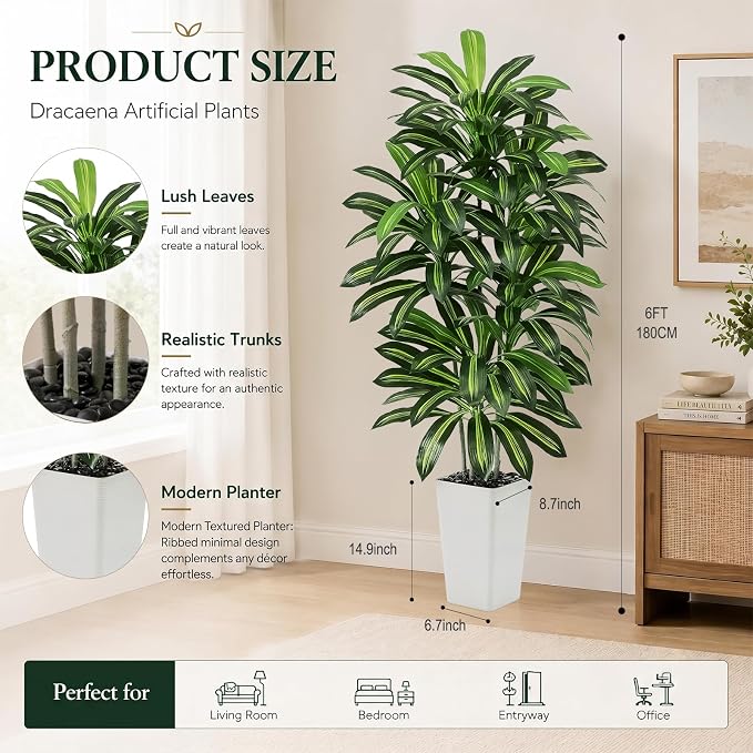 Artificial Dracaena Tree - 6FT Tall Fake Plants with White Tall Planter - Artificial Plants Indoor Floor Plant in Pot - Large Tropical Fake Yucca Potted Tree for Home Office Living Room Decor