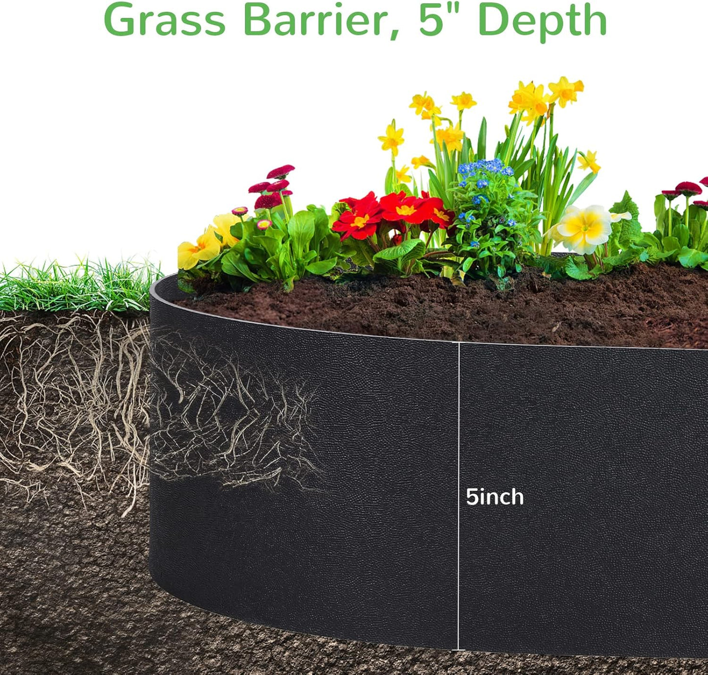 Black Plastic Garden Landscape Edging, 5” Tall Border Coil, Flexible and Strengthened with Anti-UV Treatment (40ft with 12pcs Stakes)