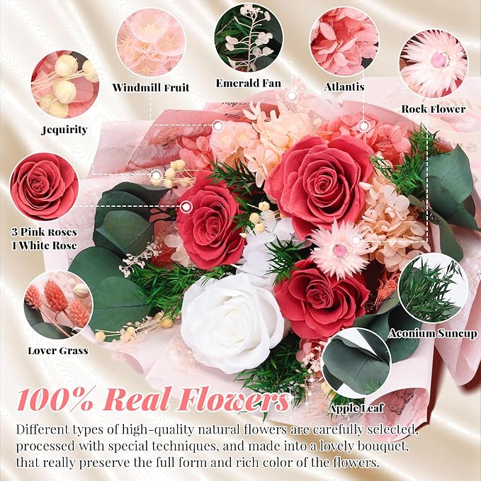 Preserved Pink Rose Bouquet Romantic Flowers Gift Set for Valentine | Preserved Pink Rose Bouquet for lovely Ladies Forever Flowers Gift set for Mom Wife Grandma, Anniversary Mother’s Valentine