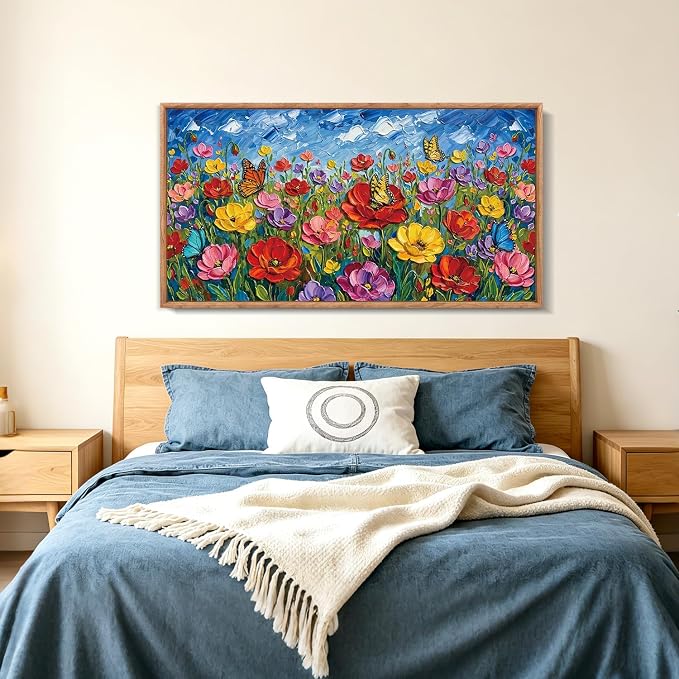 CHDITB 3D Floral Impasto Textured Poppy Framed Canvas Wall Art Set, Butterfly Wildflower Country Vibrant Spring Wall Decor, Bright Botanical Flower Art Prints for Bedroom Farmhouse Living Room 40"x20"
