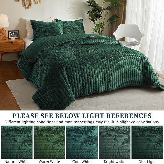 Luxury Soft Velvet Quilt Set King Size - Lightweight Velvet Bedding Set for All Season, Oversized Bedspread Coverlet Comforter Set with 2 Pillow Shams, Green, Striped