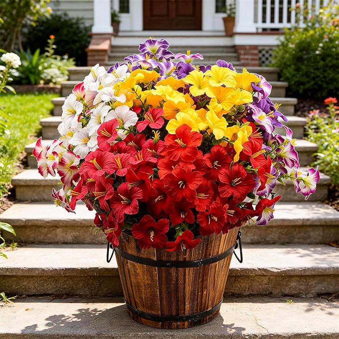 Artificial Flowers for Outdoors Fake Plants Outside, 16 Bundles Silk Morning Glory with Eucalyptus, UV Resistant Realistic Faux Flowers for Planters Porch Patio Garden Balcony Decor (8 Color)