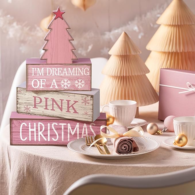 Lineshading 4 Pcs Christmas Table Decoration Wooden Pink Christmas Tree Centerpieces Decor Winter Tiered Tray Decor Rustic Decorative Tree Block Signs Gift Farmhouse Xmas Decoration for Home Kitchen
