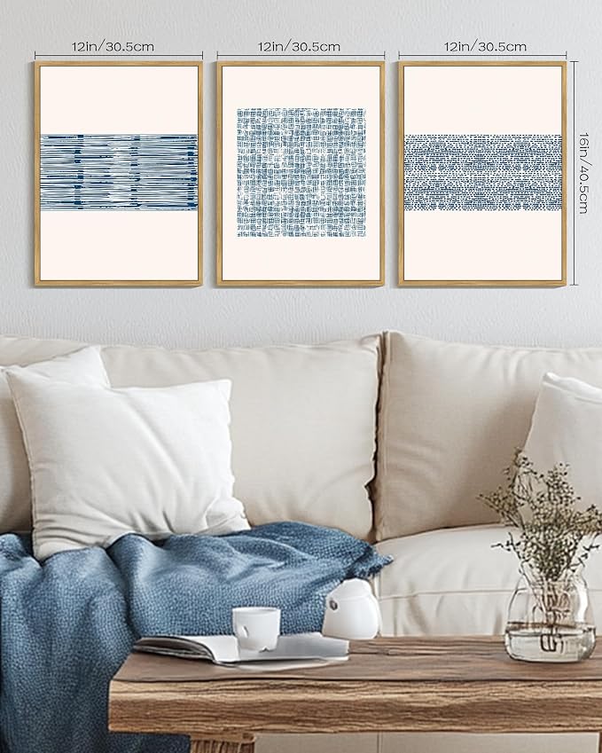 PHOPAGO Blue Abstract Framed Wall Art Modern Boho Neutral Line Wall Decor Bohemain Minimalist Geometric Artwork Home Decor - 12x16in Natural Framed