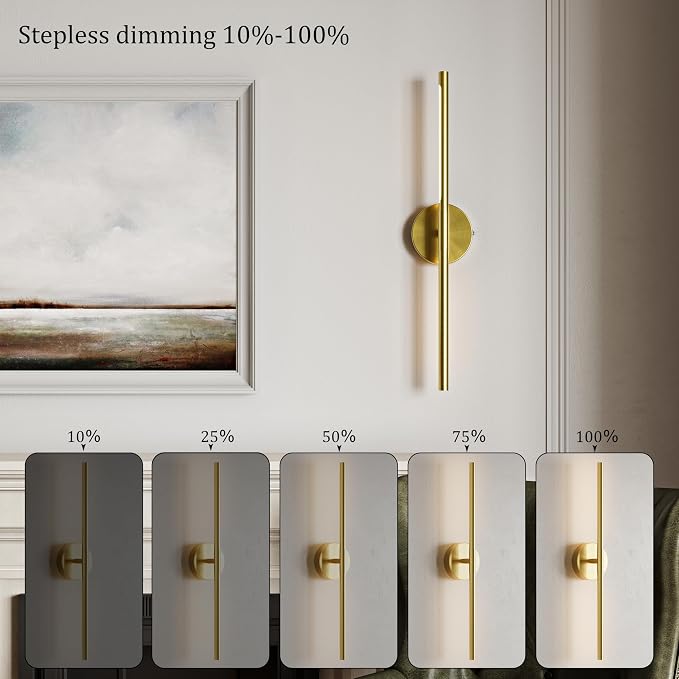 32 Inch Battery Operated Wall Sconce Set of 2, 8000mAh Wireless Rechargeable Wall Lights with Remote, 350° Rotate Dimmable 3000K-6000K LED Wall Lamps with Timer for Living Room, Bedroom, Gold