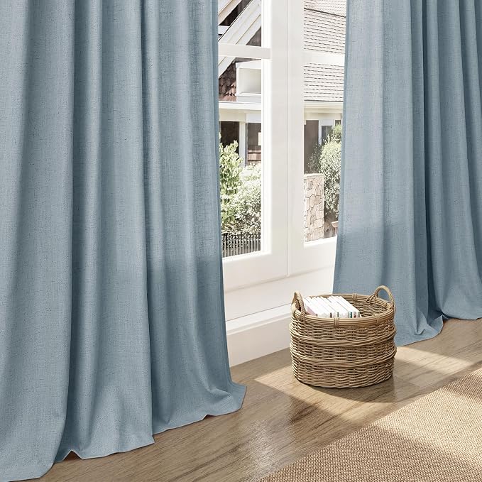 Nanspring Light Blue Linen Curtains 80 Inches Long 2 Panels Set for Living Room Bedroom Rod Pocket Back Tab Light Filtering Drape for Protect Privacy Curtain Modern Farmhouse Decor 52x80