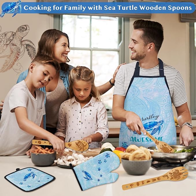 Sea Turtle Gifts for Women,8PCS Coastal Bamboo Cooking Utensil Spoon with Apron Oven Mitt Potholder for Kitchen Decor,Ocean Themed Stuff for Turtle Lovers,Mom,Easter,Housewarming,Birthday Gifts