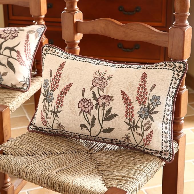 ISAENNE Designer Linen Throw Pillow Cover,Set of 2,20"x12"-Helena C | Elegant French Rectangle Pillow Cover,Concealed Zipper Design,Floral Pattern,Sofas,Bedroom,Living Room,Lounge Chairs