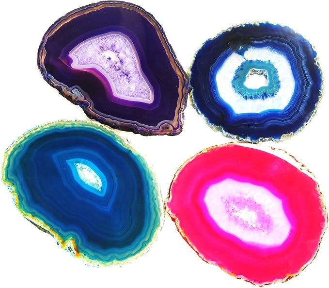 JIC Gem 4-5" Extra Mixed Dyed Color Agate Coasters Polished Natural Geode Coasters Sliced with Free Rubber Bumper Set of 4 Home Decoration