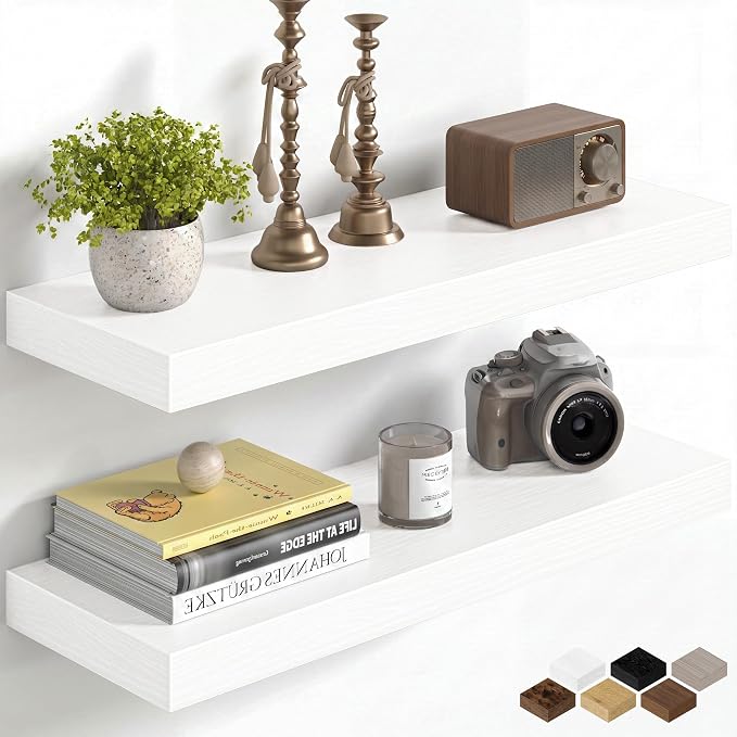 Fun Memories 24Inch Floating Shelves for Wall, 8 Inch Deep Shelves for Bathroom|Bedroom|Kitchen Wall Mounted, Wood Hanging Shelf with Invisible Brackets for Home Storage Decor, White - 2 Pack