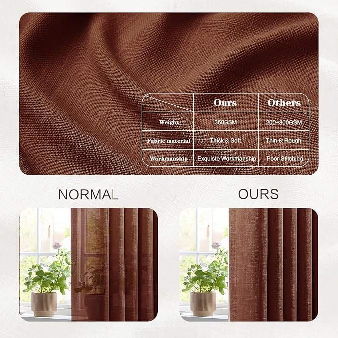 YZ HOME 102 Inch Long Curtains Pinch Pleated Curtain for Living Room, Floor to Ceiling Light Filtering Pleat Drapes Textured Thick Semi-Sheer Curtains with Hooks for Bedroom 2 Panels, Chestnut Brown
