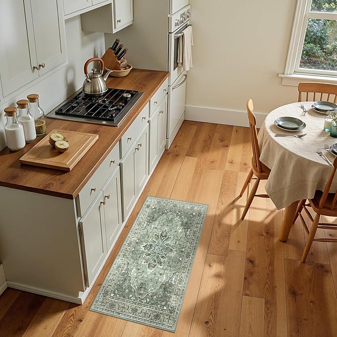 RELEANY Area Rugs 2'x4' Kitchen Rugs Entry Rug Small Rugs for Entryway Kitchen Bathroom Door Mat Indoor Entrance,Washable Non Slip, Dark Green Gray