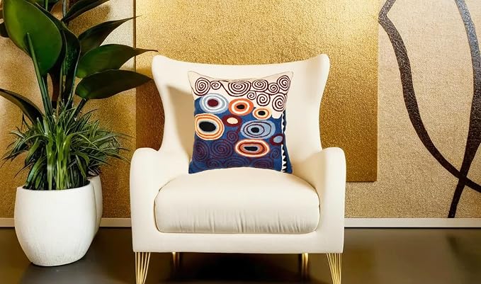 Klimt Blue Decorative Pillow Cover Contemporary Chair Cushion | Modern Blue Sofa Pillowcase | Modern Outdoor Pillows | Mid Century Chair Cushions | Hand Embroidered | Wool Size 18x18
