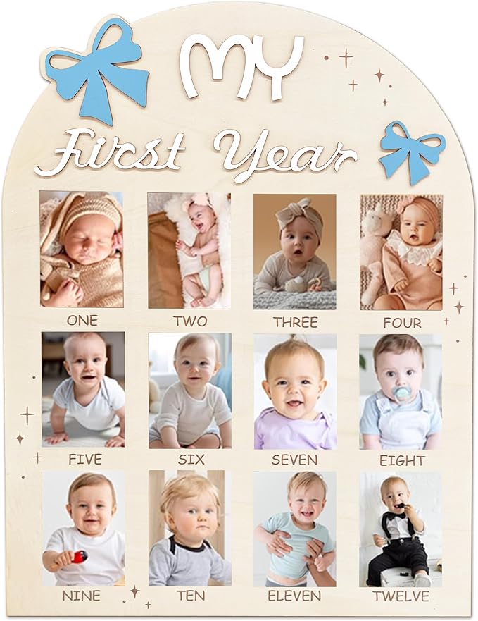 Aukolass Bow One Year of Photo Board, My First Year Photo Photo Board 12 Monthly Milestones Picture Frame for Baby Girl 1st Birthday Decorations (pink) (blue, fit 2" x 3" photo)