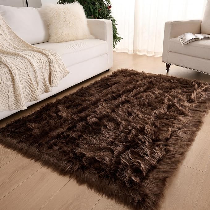 Faux Fur Rug Coffee Sheepskin Area Rug,Ultra Soft 4x6 ft Rectangular Shaggy Plush Rug for Bedroom Sofa Floor Bedside Living Room Kids Room