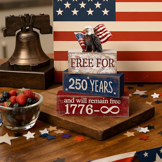 CroBlissful 4 Pcs 250th Anniversary 4th of July Decorations Patriotic Memorial Day Tabletop Decorations America Eagle Red White Blue Table Centerpieces USA Sign for Office Tiered Tray Home Shelf