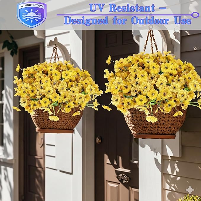 Geegoods Artificial Mums Flowers for Outdoors, 16 Bundles UV Resistant Fake Plastic Yellow Flowers for Patio Porch Spring Summer Decor