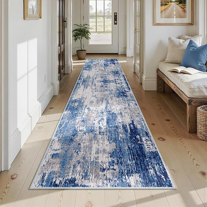 RELEANY Washable Area Rugs 2'6'' x12 Non-Slip Modern Abstract Soft for Living Room Entryway Bedroom Nursery, Print Pattern, Blue Grey Navy Gray